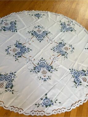 Blue Floral Embroidered Round Tablecloth - Unbranded, 68" diameter